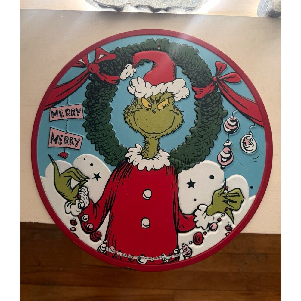 Grinch Dr. Seuss “Merry Merry” Christmas Round Plaque/Sign Multicolor 12 in